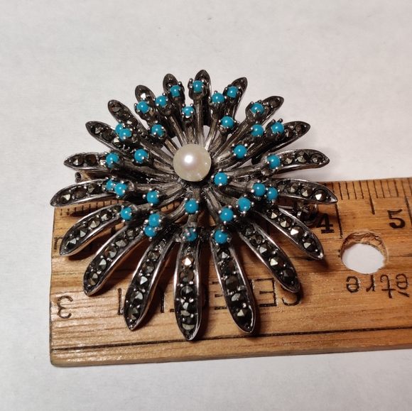 Vintage 60s Germany Silver 935 Chrysanthemum Flower Marcasite Brooch - Picture 15 of 16